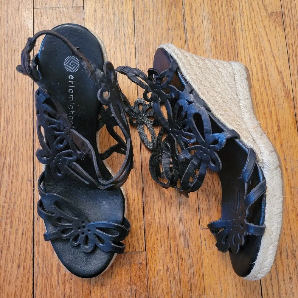 Eric Michael 7 Black Leather Floral Cutout Espadrille Wedge Sandals JILLIAN 37